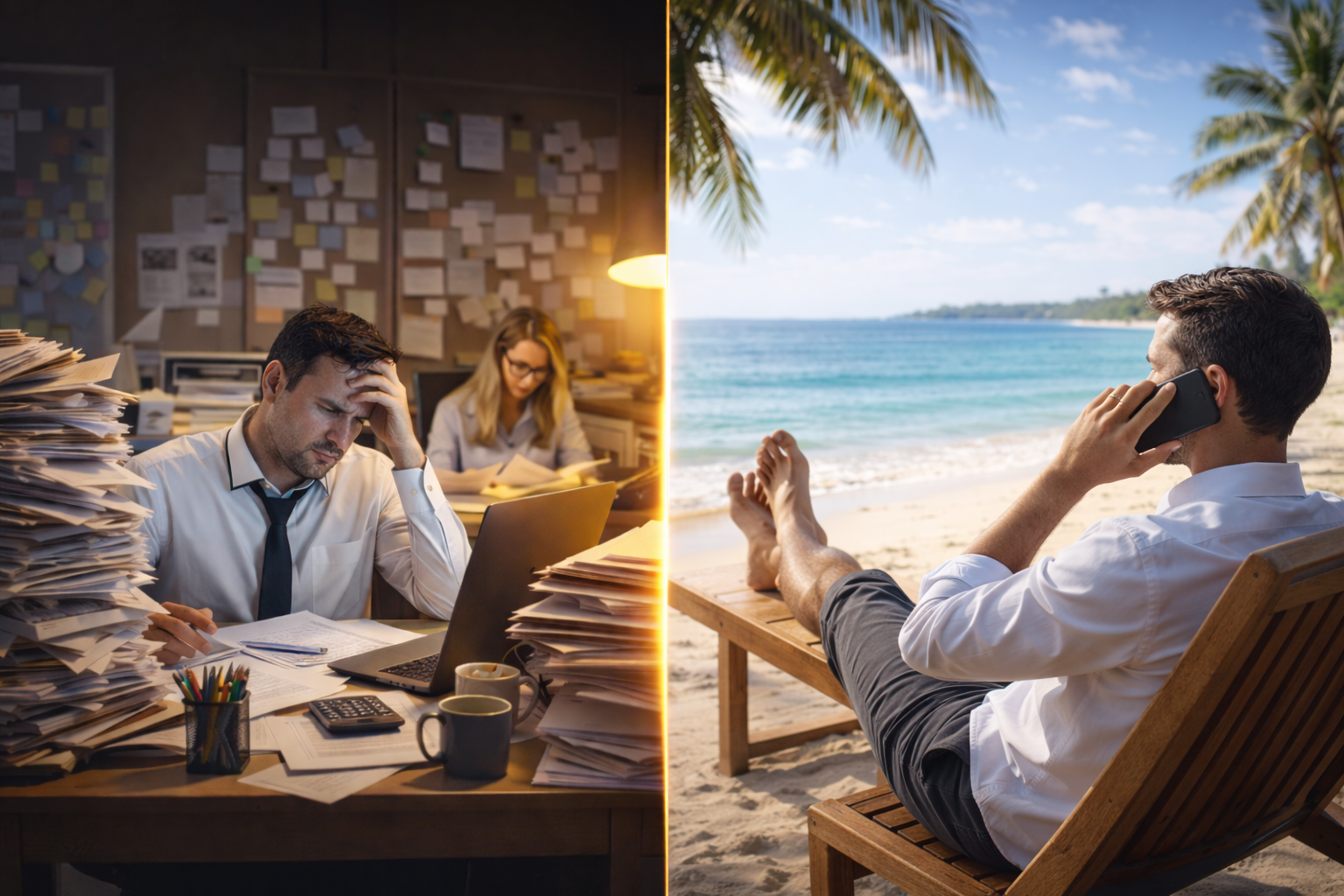 Without AI vs With AI — stressed office work vs relaxed business owner